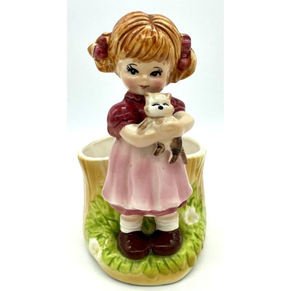 LEFTON Little Girl Holding Cat Ceramic Planter‎ Vintage
